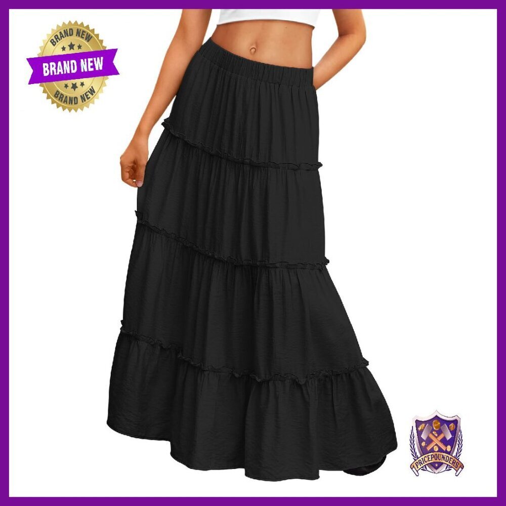 Boho Maxi Skirt with Pockets, High Waist A-Line, Rayon Nylon Blend